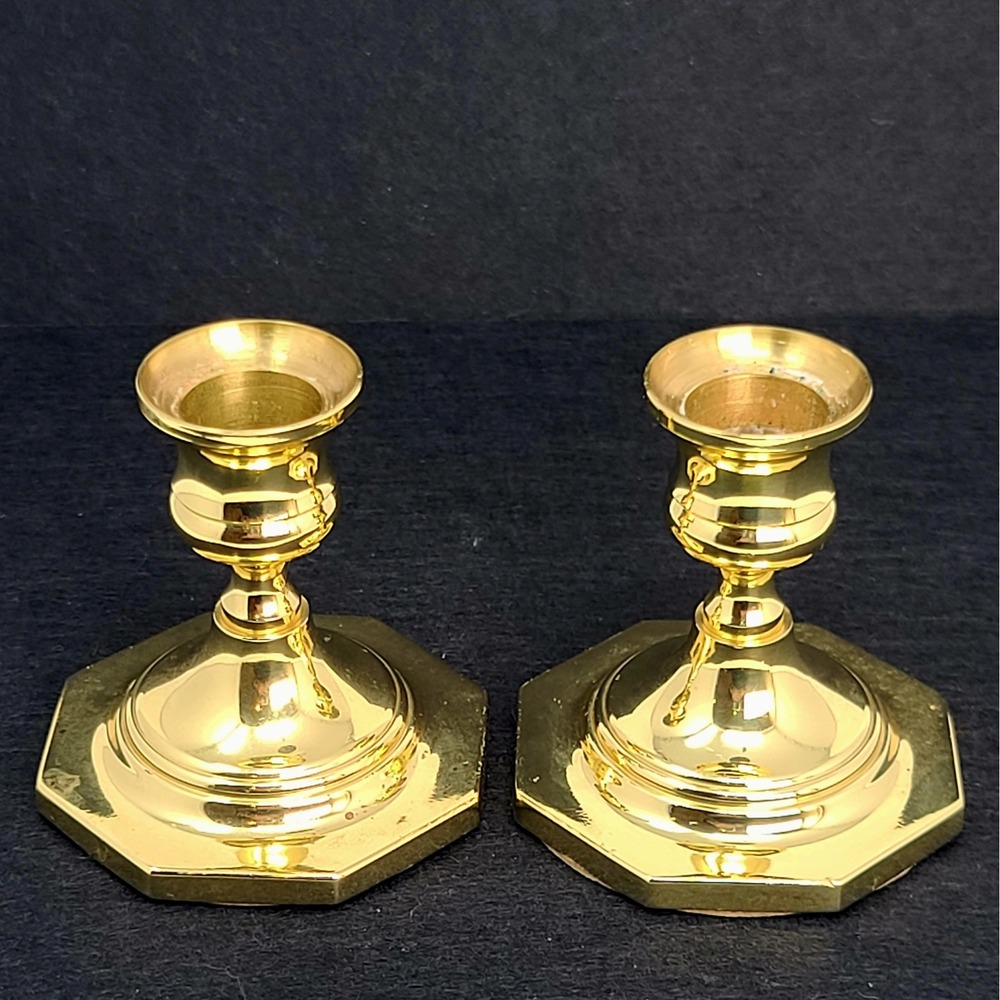 Baldwin Brass Candlestick Holders Set 2 Gold Octagon Base 3in x 3in Vintage Good